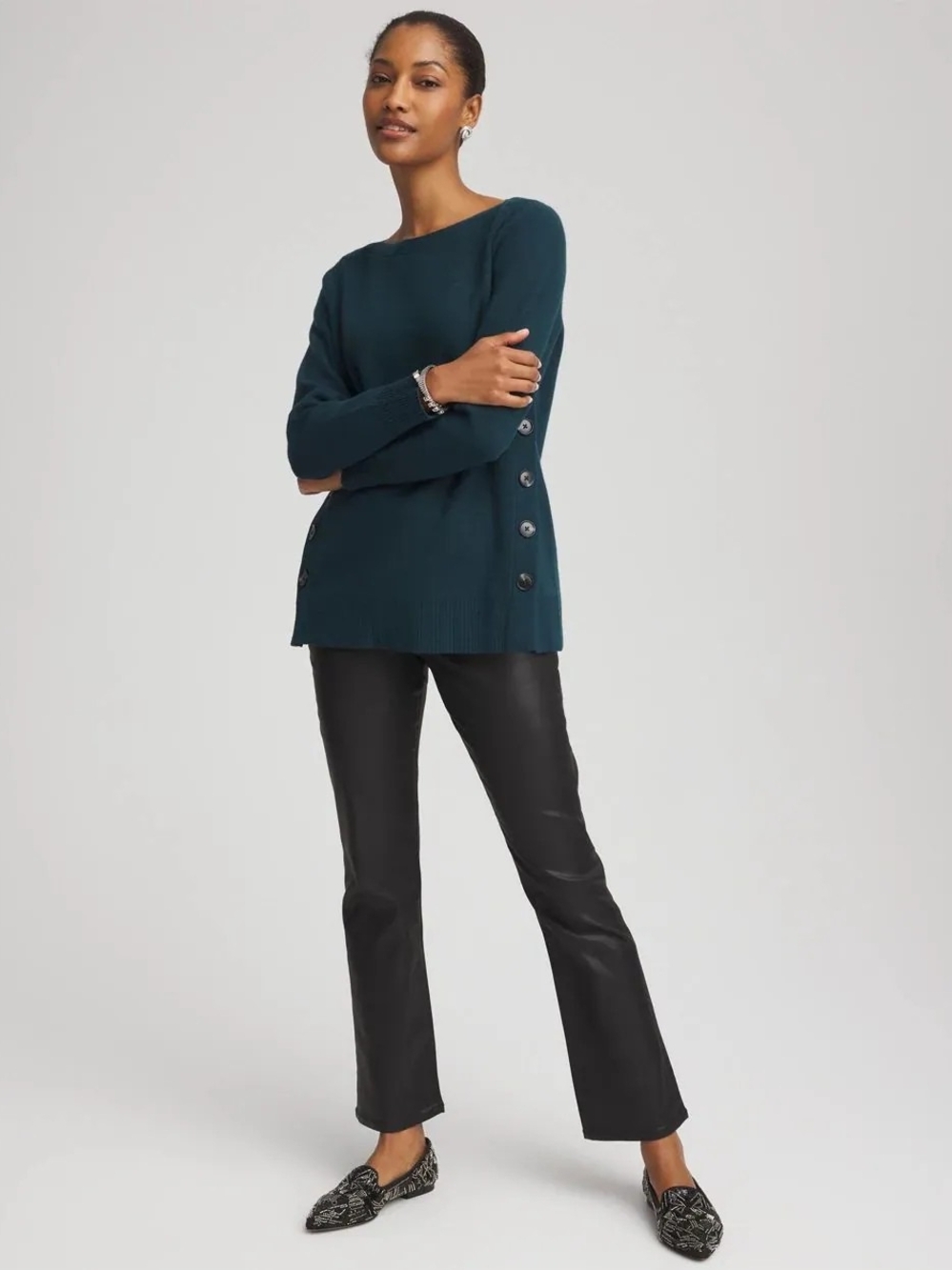 Chico's Cashnere Blend Teal Button-Side Knit Tunic Sweater. Size 3 or XL.